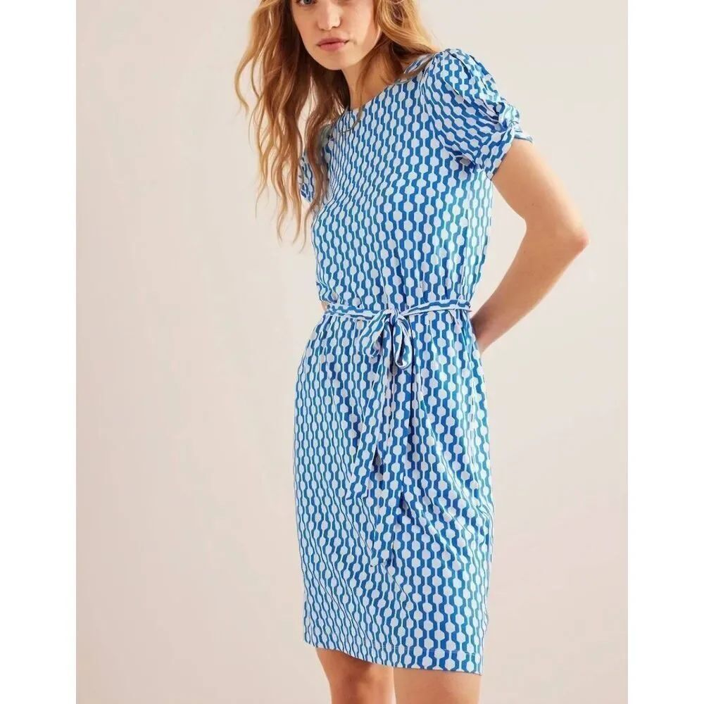 Boden Knot Detail Jersey Mini Dress in Moroccan blue Geo Azure Size 16/18R
